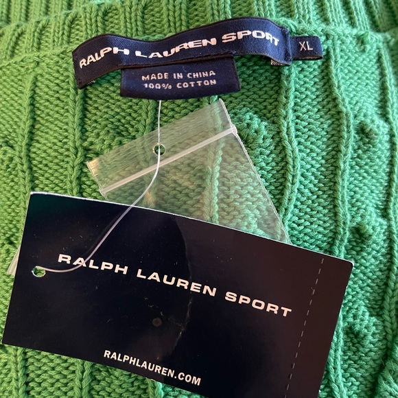 RALPH LAUREN Classic Green Cable Knit V-Neck Sweater Purple Polo Pony Sz XL NEW! - Picture 6 of 12